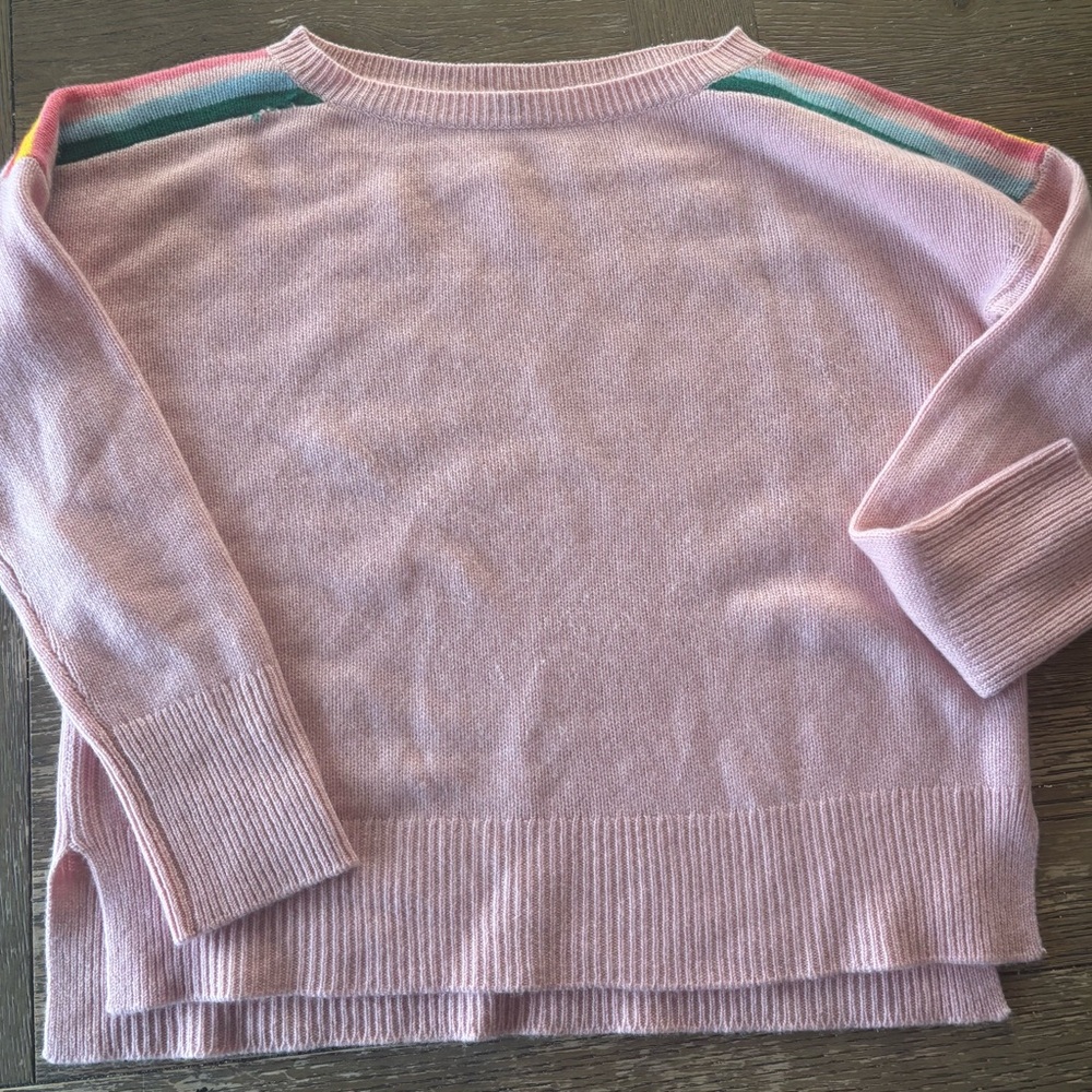 Soft Pink Women's Sweater with Colorful Stripes